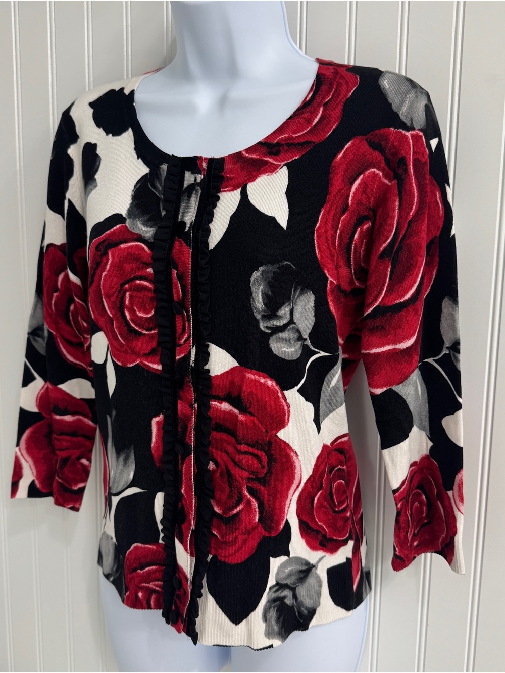 WHBM Floral Cardigan with Red and Black Roses
